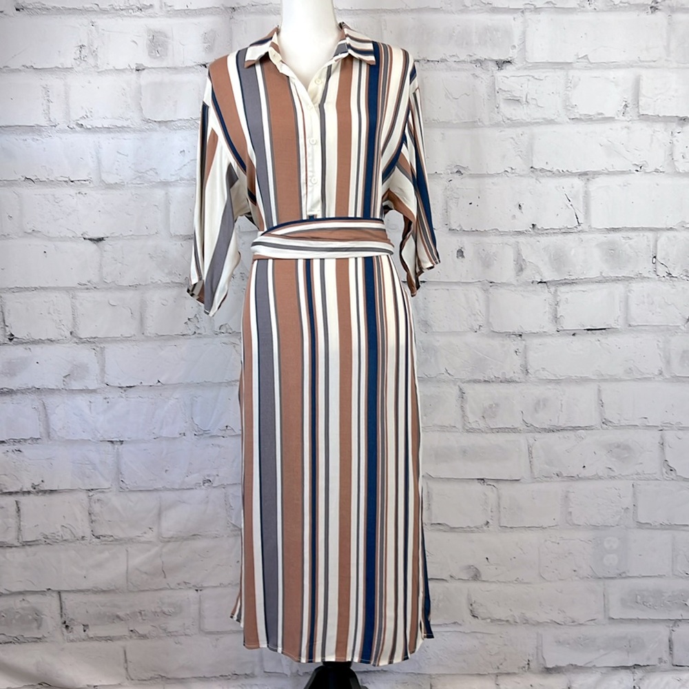 Dress Forum Striped Midi Dress Cream Tan Blue